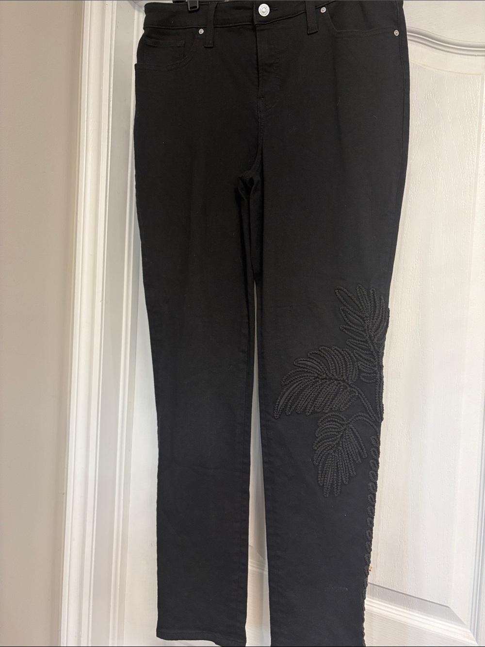 Chico's Black Straight Leg Pants with Leaf Embellishment